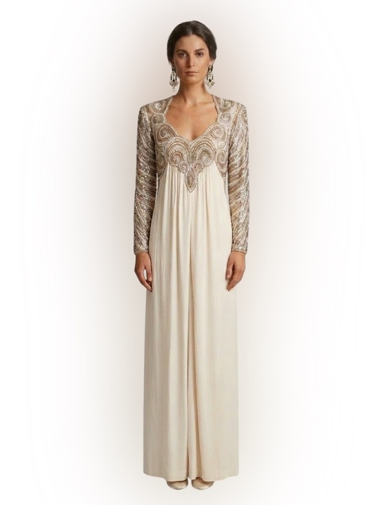 Hirshleifer's Dresses & Skirts - Vintage Ivory Gold Beaded Sequin Maxi Dress Long Sleeve Keyhole Formal Gown